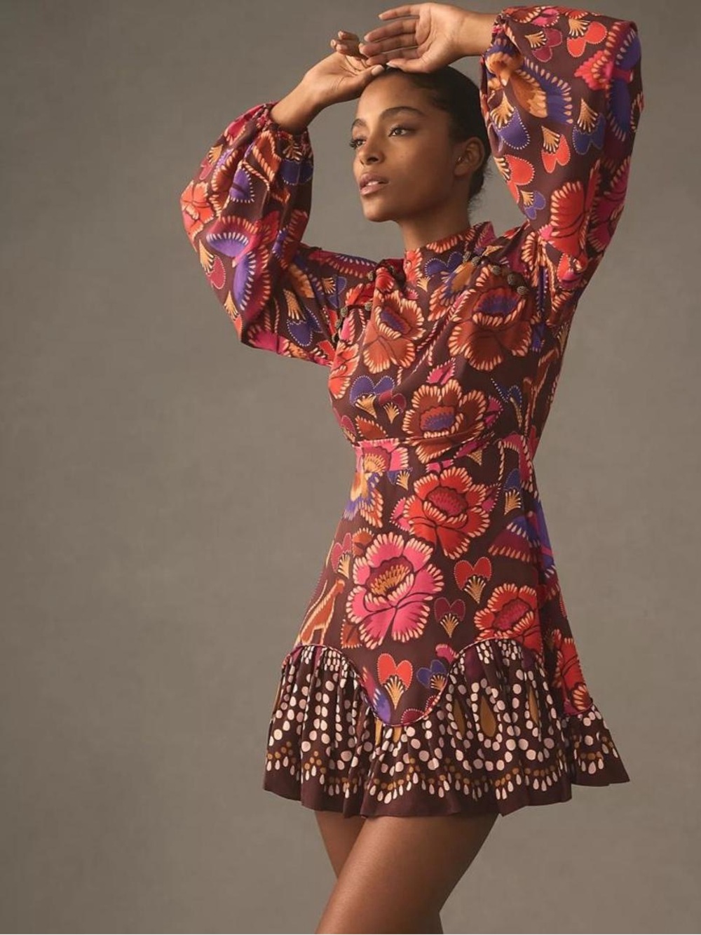 NWT FARM RIO Bright Flora Brown Long Sleeve Mini Dress